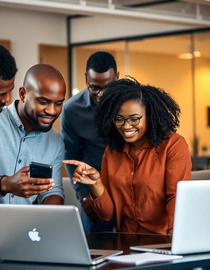 Des collègues souriants regardent un smartphone, autour d'ordinateurs portables